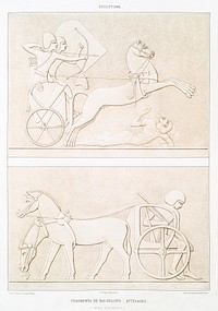 Fragments of bas-reliefs : hitches from Histoire de l&#39;art &eacute;gyptien (1878) by <a href="https://www.rawpixel.com/search/%C3%89mile?sort=curated&amp;page=1">&Eacute;mile Prisse d&#39;Avennes</a>. Original from The New York Public Library. Digitally enhanced by rawpixel.