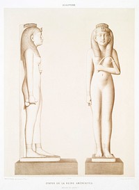 Statue of Queen Amenirdis from Histoire de l&#39;art &eacute;gyptien (1878) by <a href="https://www.rawpixel.com/search/%C3%89mile?sort=curated&amp;page=1">&Eacute;mile Prisse d&#39;Avennes</a>. Original from The New York Public Library. Digitally enhanced by rawpixel.