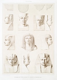 Studies of heads according to Canon of Proportion from Histoire de l&#39;art &eacute;gyptien (1878) by <a href="https://www.rawpixel.com/search/%C3%89mile?sort=curated&amp;page=1">&Eacute;mile Prisse d&#39;Avennes</a>. Original from The New York Public Library. Digitally enhanced by rawpixel.