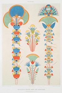 Painted bouquets in hypogea from Histoire de l&#39;art &eacute;gyptien (1878) by <a href="https://www.rawpixel.com/search/%C3%89mile?sort=curated&amp;page=1">&Eacute;mile Prisse d&#39;Avennes</a>. Original from The New York Public Library. Digitally enhanced by rawpixel.