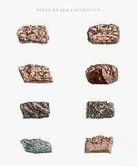 Vintage illustration of 1-4.7. Varieties of eastern granite or syenite of the ancients 5.6.8. Various primitive rocks