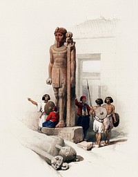 Colossus in front of Temple of Wady Saboua Nubia illustration by <a href="https://www.rawpixel.com/search/David%20Roberts?&amp;page=1">David Roberts</a> (1796&ndash;1864). Original from The New York Public Library. Digitally enhanced by rawpixel.