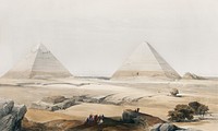 Pyramids of Geezeh (Giza) illustration by <a href="https://www.rawpixel.com/search/David%20Roberts?&amp;page=1">David Roberts</a> (1796&ndash;1864). Original from The New York Public Library. Digitally enhanced by rawpixel.