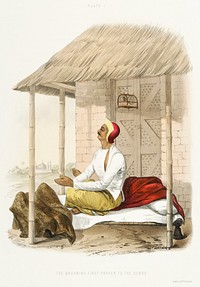 The Brahmin&#39;s first morning prayer to the Gooroo on rising from The Sundhya or the Daily Prayers of the Brahmins (1851) by <a href="https://www.rawpixel.com/search/Sophie%20Charlotte%20Belnos?&amp;page=1">Sophie Charlotte Belnos</a> (1795&ndash;1865).