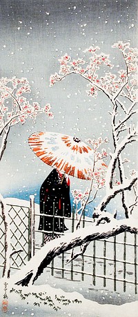 Plum Tree in Snow print in high resolution by <a href="https://www.rawpixel.com/search/Hiroaki%20Takahashi?sort=curated&amp;page=1&amp;topic_group=_my_topics">Hiroaki Takahashi</a> (1871&ndash;1945). Original from The Los Angeles County Museum of Art. Digitally enhanced by rawpixel.