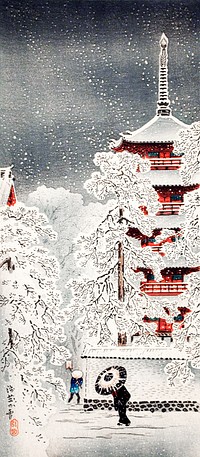 Snow at Asakusa, Yedo, Musashi Province print in high resolution by Hiroaki Takahashi (1871&ndash;1945). Original from The Los Angeles County Museum of Art. Digitally enhanced by rawpixel.