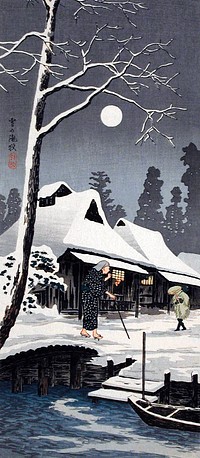 Moonlight on Snow (1936) print in high resolution by <a href="https://www.rawpixel.com/search/Hiroaki%20Takahashi?sort=curated&amp;page=1&amp;topic_group=_my_topics">Hiroaki Takahashi</a>. Original from The Los Angeles County Museum of Art. Digitally enhanced by rawpixel.