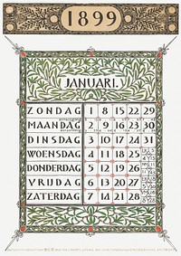 Calendar for January 1899 (1898) print in high resolution by <a href="https://www.rawpixel.com/search/Gerrit%20Willem%20Dijsselhof?sort=curated&amp;page=1">Gerrit Willem Dijsselhof</a>. Original from the Rijksmuseum. Digitally enhanced by rawpixel.