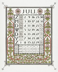 Calendar for July 1899 (1898) print in high resolution by Gerrit Willem Dijsselhof. Original from the Rijksmuseum. Digitally enhanced by rawpixel.