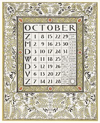 Calendar for October 1899 (1898) print in high resolution by <a href="https://www.rawpixel.com/search/Gerrit%20Willem%20Dijsselhof?sort=curated&amp;page=1">Gerrit Willem Dijsselhof</a>. Original from the Rijksmuseum. Digitally enhanced by rawpixel.