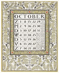 Calendar for October 1899 (1898) print in high resolution by Gerrit Willem Dijsselhof. Original from the Rijksmuseum. Digitally enhanced by rawpixel.