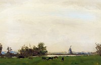 Meadow Landscape on the Spaarne (1890&ndash;1919) painting in high resolution by <a href="https://www.rawpixel.com/search/Gerrit%20Willem%20Dijsselhof?sort=curated&amp;page=1">Gerrit Willem Dijsselhof</a>. Original from the Rijksmuseum. Digitally enhanced by rawpixel.