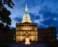 The Michigan state capitol in Lansing at dusk. Original image from <a href="https://www.rawpixel.com/search/carol%20m.%20highsmith?sort=curated&amp;page=1">Carol M. Highsmith</a>&rsquo;s America, Library of Congress collection. Digitally enhanced by rawpixel.