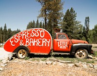 Little Red&#39;s Espresso &amp; Bakery car sign in the Wenatchee National Forest, Washington. Original image from <a href="https://www.rawpixel.com/search/carol%20m.%20highsmith?sort=curated&amp;page=1">Carol M. Highsmith</a>&rsquo;s America, Library of Congress collection. Digitally enhanced by rawpixel.