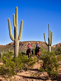 Two riders at the White Stallion Ranch, a guest ranch outside Tucson, Arizona. Original image from Carol M. Highsmith’s America, Library of Congress collection. Digitally enhanced by rawpixel.