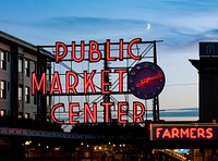 Public Market Center. Pike Place Market. Original image from <a href="https://www.rawpixel.com/search/carol%20m.%20highsmith?sort=curated&amp;page=1">Carol M. Highsmith</a>&rsquo;s America, Library of Congress collection. Digitally enhanced by rawpixel.