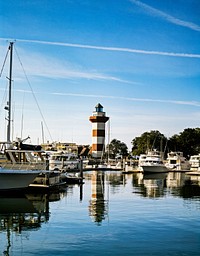 Harbour Town Lighthouse in Hilton Head Island, South Carolina. Original image from <a href="https://www.rawpixel.com/search/carol%20m.%20highsmith?sort=curated&amp;page=1">Carol M. Highsmith</a>&rsquo;s America, Library of Congress collection. Digitally enhanced by rawpixel.