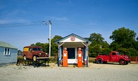 Re-creation of an early gasoline station and repair shop outside the National Automobile and Truck Museum in Auburn, Indiana.