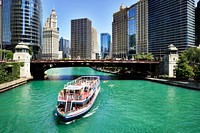 Tour boat on the Chicago River in downtown Chicago. Original image from <a href="https://www.rawpixel.com/search/carol%20m.%20highsmith?sort=curated&amp;page=1">Carol M. Highsmith</a>&rsquo;s America, Library of Congress collection. Digitally enhanced by rawpixel.