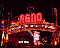 Reno city neon sign in Nevada. Original image from <a href="https://www.rawpixel.com/search/carol%20m.%20highsmith?sort=curated&amp;page=1">Carol M. Highsmith</a>&rsquo;s America, Library of Congress collection. Digitally enhanced by rawpixel.