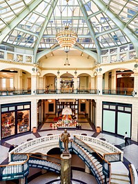 Shops in Grand Avenue, Wisconsin. Original image from <a href="https://www.rawpixel.com/search/carol%20m.%20highsmith?sort=curated&amp;page=1">Carol M. Highsmith</a>&rsquo;s America, Library of Congress collection. Digitally enhanced by rawpixel.