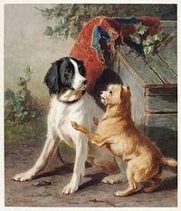 Two dogs by a kennel by <a href="https://www.rawpixel.com/search/Conradijn%20Cunaeus?sort=curated&amp;type=all&amp;page=1">Conradijn Cunaeus</a> (1828&ndash;1895). Original from The Rijksmuseum. Digitally enhanced by rawpixel.