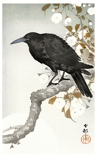 A crow and the full moon (1900-1930) by <a href="https://www.rawpixel.com/search/Ohara%20Koson?sort=curated&amp;page=1">Ohara Koson</a> (1877-1945). Original from The Rijksmuseum. Digitally enhanced by rawpixel.