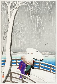 Two women in the snow on Yanagi Bridge (1927) by <a href="https://www.rawpixel.com/search/Ohara%20Koson?sort=curated&amp;page=1">Ohara Koson</a> (1877-1945). Original from The Rijksmuseum. Digitally enhanced by rawpixel.