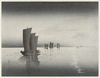 Fishing boats at dusk (1900-1920) by <a href="https://www.rawpixel.com/search/Ohara%20Koson?sort=curated&amp;page=1">Ohara Koson</a> (1877-1945). Original from The Rijksmuseum. Digitally enhanced by rawpixel.