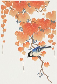 Vintage bird animal illustration, autumn season psd, remix from the artwork of Ohara Koson