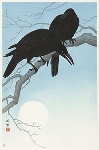 Two crows on a branch (1927) by <a href="https://www.rawpixel.com/search/Ohara%20Koson?sort=curated&amp;page=1">Ohara Koson</a> (1877-1945). Original from The Rijksmuseum. Digitally enhanced by rawpixel.