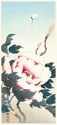 Peony with butterfly (1925 - 1936) by <a href="https://www.rawpixel.com/search/Ohara%20Koson?sort=curated&amp;page=1">Ohara Koson</a> (1877-1945). Original from The Rijksmuseum. Digitally enhanced by rawpixel.