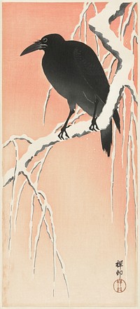 Crow on snowy branch (1900 - 1936) by <a href="https://www.rawpixel.com/search/Ohara%20Koson?sort=curated&amp;page=1">Ohara Koson</a> (1877-1945). Original from The Rijksmuseum. Digitally enhanced by rawpixel.