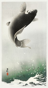 Leaping carp (1900 - 1930) by <a href="https://www.rawpixel.com/search/Ohara%20Koson?sort=curated&amp;page=1">Ohara Koson</a> (1877-1945). Original from The Rijksmuseum. Digitally enhanced by rawpixel.