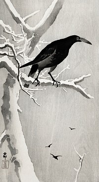 Crow on snowy tree branch (1900 - 1936) by <a href="https://www.rawpixel.com/search/Ohara%20Koson?sort=curated&amp;page=1">Ohara Koson</a> (1877-1945). Original from The Rijksmuseum. Digitally enhanced by rawpixel.