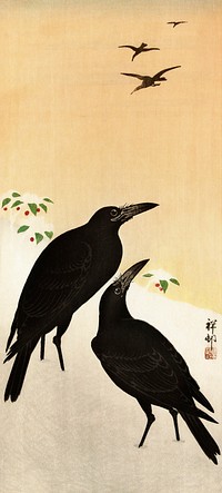 Crows in snow (1900 - 1936) by <a href="https://www.rawpixel.com/search/Ohara%20Koson?sort=curated&amp;page=1">Ohara Koson</a> (1877-1945). Original from The Rijksmuseum. Digitally enhanced by rawpixel.