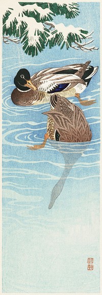 Couple of ducks in the water (1925 - 1936) by <a href="https://www.rawpixel.com/search/Ohara%20Koson?sort=curated&amp;page=1">Ohara Koson</a> (1877-1945). Original from The Rijksmuseum. Digitally enhanced by rawpixel.