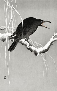 Crow on snowy tree branch (1900 - 1945) by <a href="https://www.rawpixel.com/search/Ohara%20Koson?sort=curated&amp;page=1">Ohara Koson</a> (1877-1945). Original from The Rijksmuseum. Digitally enhanced by rawpixel.