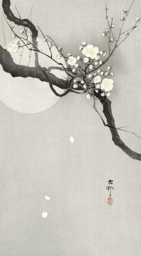 Plum blossom and full moon (1900 - 1936) by <a href="https://www.rawpixel.com/search/Ohara%20Koson?sort=curated&amp;page=1">Ohara Koson</a> (1877-1945). Original from The Rijksmuseum. Digitally enhanced by rawpixel.