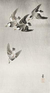 Starlings in the rain (1900 - 1930) by <a href="https://www.rawpixel.com/search/Ohara%20Koson?sort=curated&amp;page=1">Ohara Koson</a> (1877-1945). Original from The Rijksmuseum. Digitally enhanced by rawpixel.
