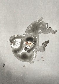 Two playing monkeys (1900 - 1930) by <a href="https://www.rawpixel.com/search/Ohara%20Koson?sort=curated&amp;page=1">Ohara Koson</a> (1877-1945). Original from The Rijksmuseum. Digitally enhanced by rawpixel.
