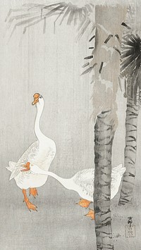 Tame geese in rain (1900 - 1936) by <a href="https://www.rawpixel.com/search/Ohara%20Koson?sort=curated&amp;page=1">Ohara Koson</a> (1877-1945). Original from The Rijksmuseum. Digitally enhanced by rawpixel.