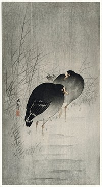 Moorhills between reeds (1900 - 1930) by <a href="https://www.rawpixel.com/search/Ohara%20Koson?sort=curated&amp;page=1">Ohara Koson</a> (1877-1945). Original from The Rijksmuseum. Digitally enhanced by rawpixel.