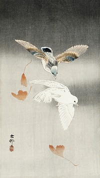 Two pigeons with falling ginkgo leaves (1900 - 1930) by <a href="https://www.rawpixel.com/search/Ohara%20Koson?sort=curated&amp;page=1">Ohara Koson</a> (1877-1945). Original from The Rijksmuseum. Digitally enhanced by rawpixel.
