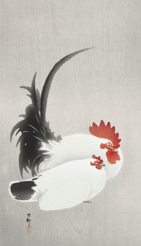 Rooster and hen (1900 - 1930) by <a href="https://www.rawpixel.com/search/Ohara%20Koson?sort=curated&amp;page=1">Ohara Koson</a> (1877-1945). Original from The Rijksmuseum. Digitally enhanced by rawpixel.