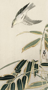 Wheatear in bamboo (1900 - 1910) by <a href="https://www.rawpixel.com/search/Ohara%20Koson?sort=curated&amp;page=1">Ohara Koson</a> (1877-1945). Original from The Rijksmuseum. Digitally enhanced by rawpixel.