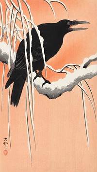 Crow on snowy branch (1900 - 1930) by <a href="https://www.rawpixel.com/search/Ohara%20Koson?sort=curated&amp;page=1">Ohara Koson</a> (1877-1945). Original from The Rijksmuseum. Digitally enhanced by rawpixel.
