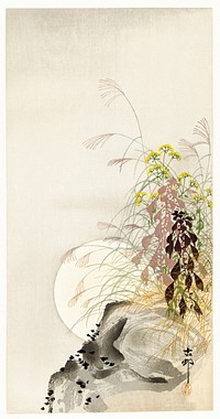 Grass and full moon (1900 - 1936) by <a href="https://www.rawpixel.com/search/Ohara%20Koson?sort=curated&amp;page=1">Ohara Koson</a> (1877-1945). Original from The Rijksmuseum. Digitally enhanced by rawpixel.