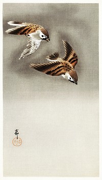 Ring sparrows in snow (1900 - 1930) by <a href="https://www.rawpixel.com/search/Ohara%20Koson?sort=curated&amp;page=1">Ohara Koson</a> (1877-1945). Original from The Rijksmuseum. Digitally enhanced by rawpixel.