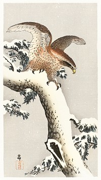 Eagle on a tree branch (1887 - 1930) by Ohara Koson (1877-1945). Original from The Rijksmuseum. Digitally enhanced by rawpixel.
